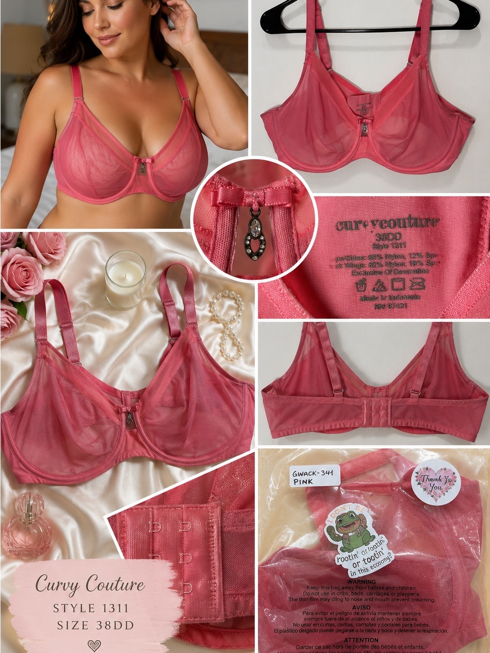 Curvy Couture 1311 Bra 38DD Pink Sheer Mesh Full Coverage Unlined Underwire Y2K